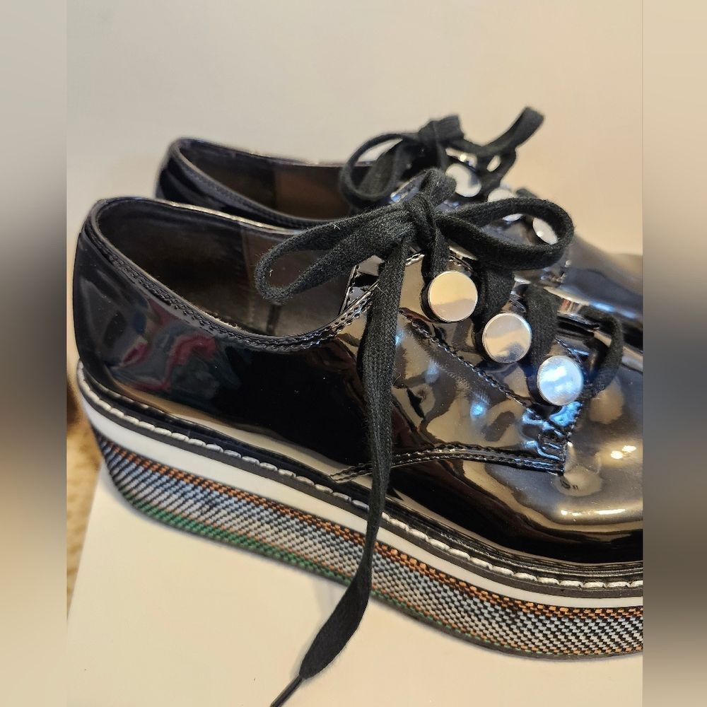 ZARA Black Patent Multi-Stripe Thick Platform Oxford Shoes sz.8/38 - Picture 4 of 9